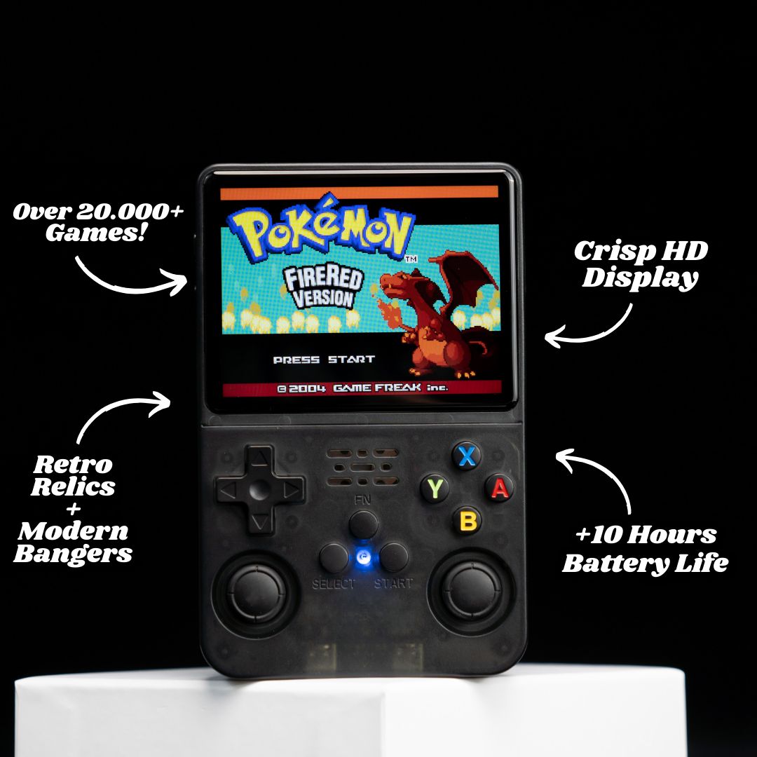 Handheld gaming console with a screen displaying 'Pokémon FireRed Version' on a white background.