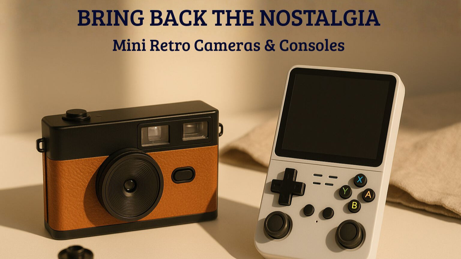 Mini retro camera and console on a beige background with text 'Bring Back the Nostalgia'.
