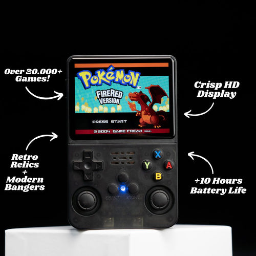 Handheld gaming console with a screen displaying 'Pokémon FireRed Version' on a white background.