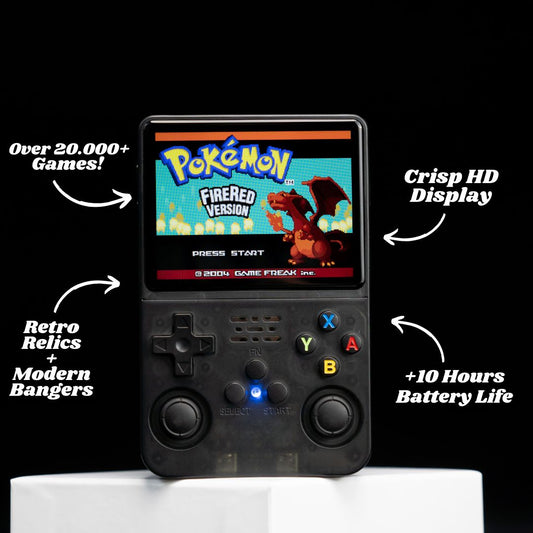 Handheld gaming console with a screen displaying 'Pokémon FireRed Version' on a white background.